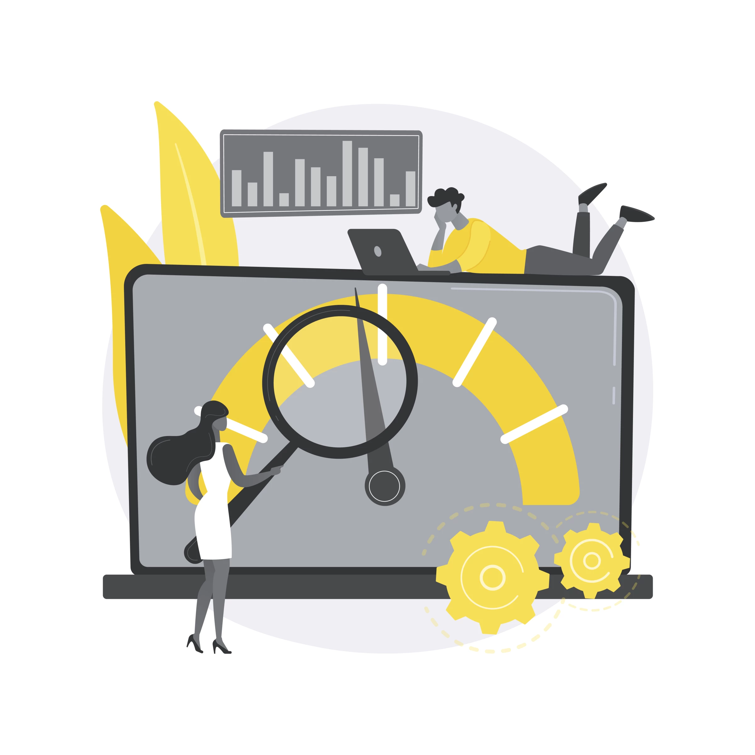 Two workers monitor the progress of their web development project