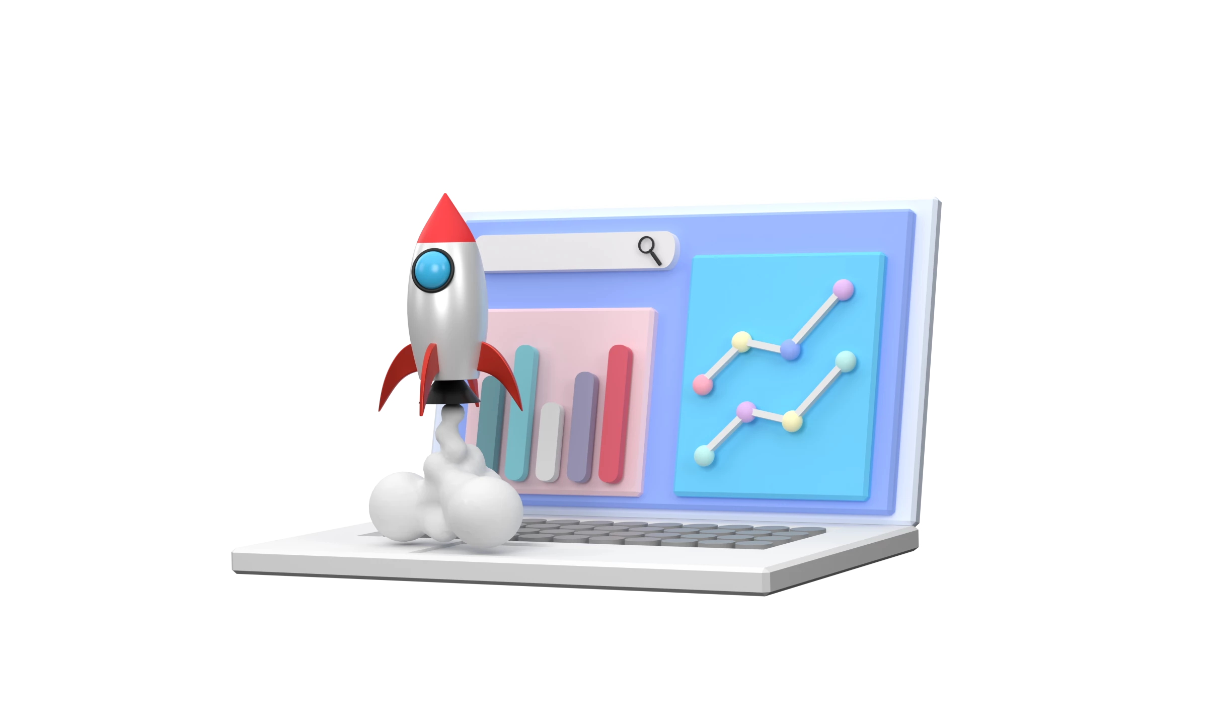 A rocket about to launch with a laptop behind it
