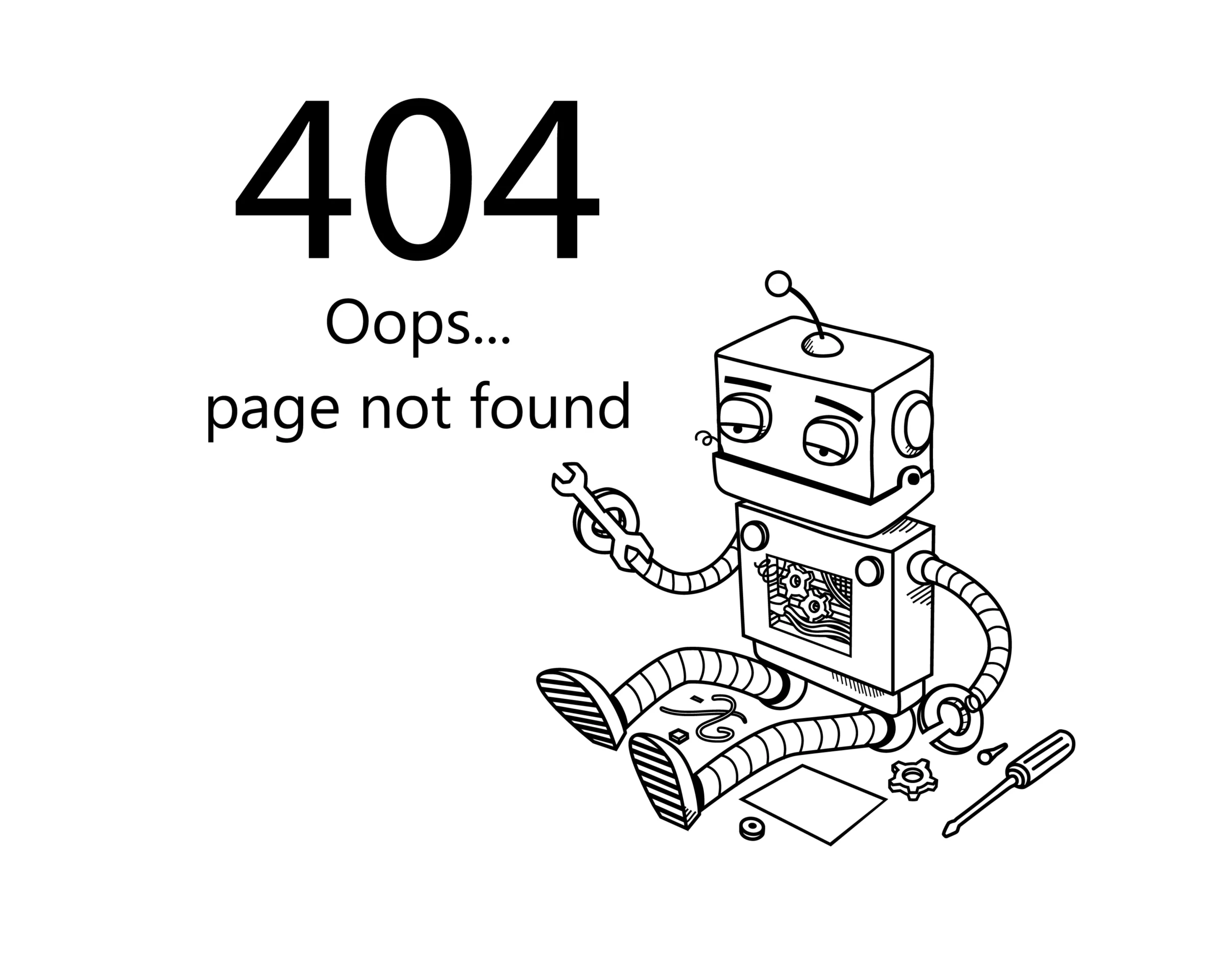 Illustration of a broken robot with a '404 page not found' error, symbolizing technical SEO issues