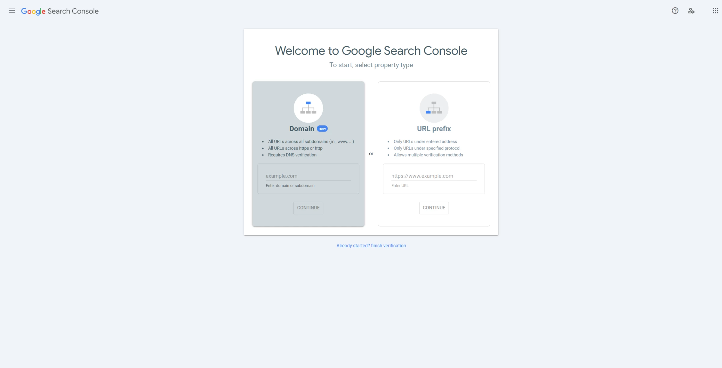 Google Search Console setup screen for tracking website SEO performance