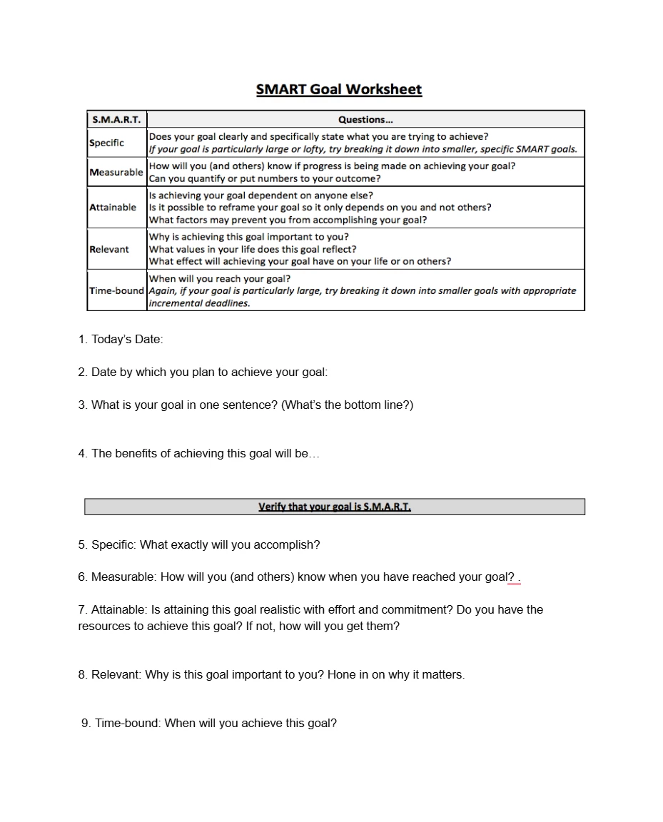 SMART goal worksheet from Google Docs