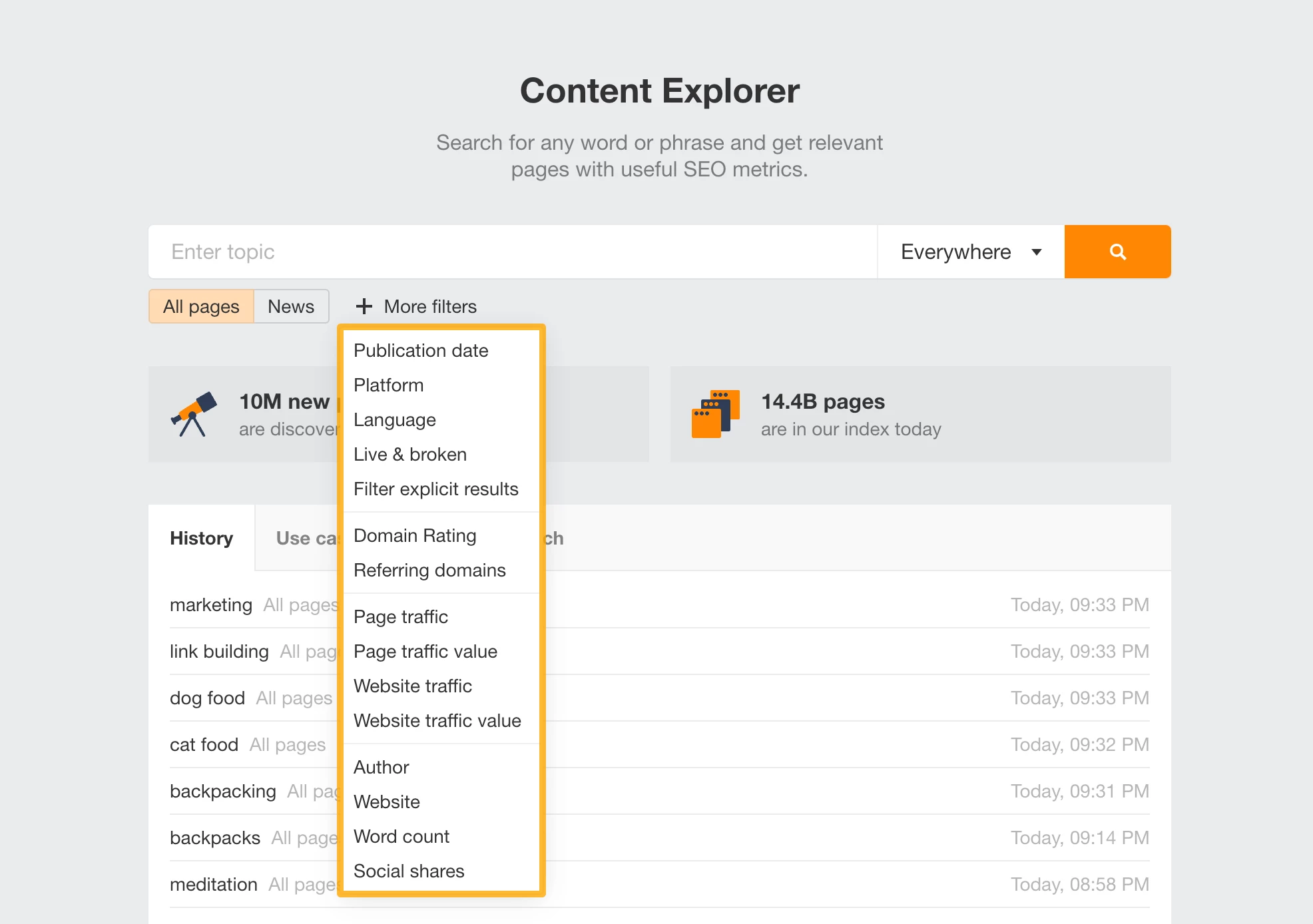 Ahrefs Content Explorer with search filters for SEO metrics