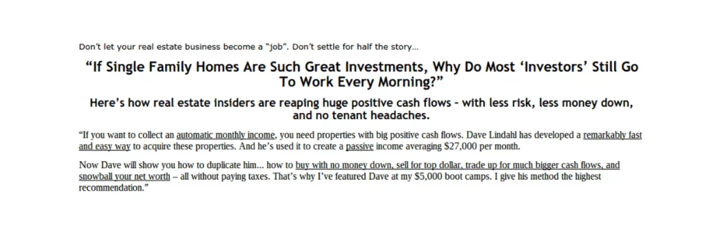 Bold headline from Dave Lindahl’s direct mail campaign promoting real estate cash flow.