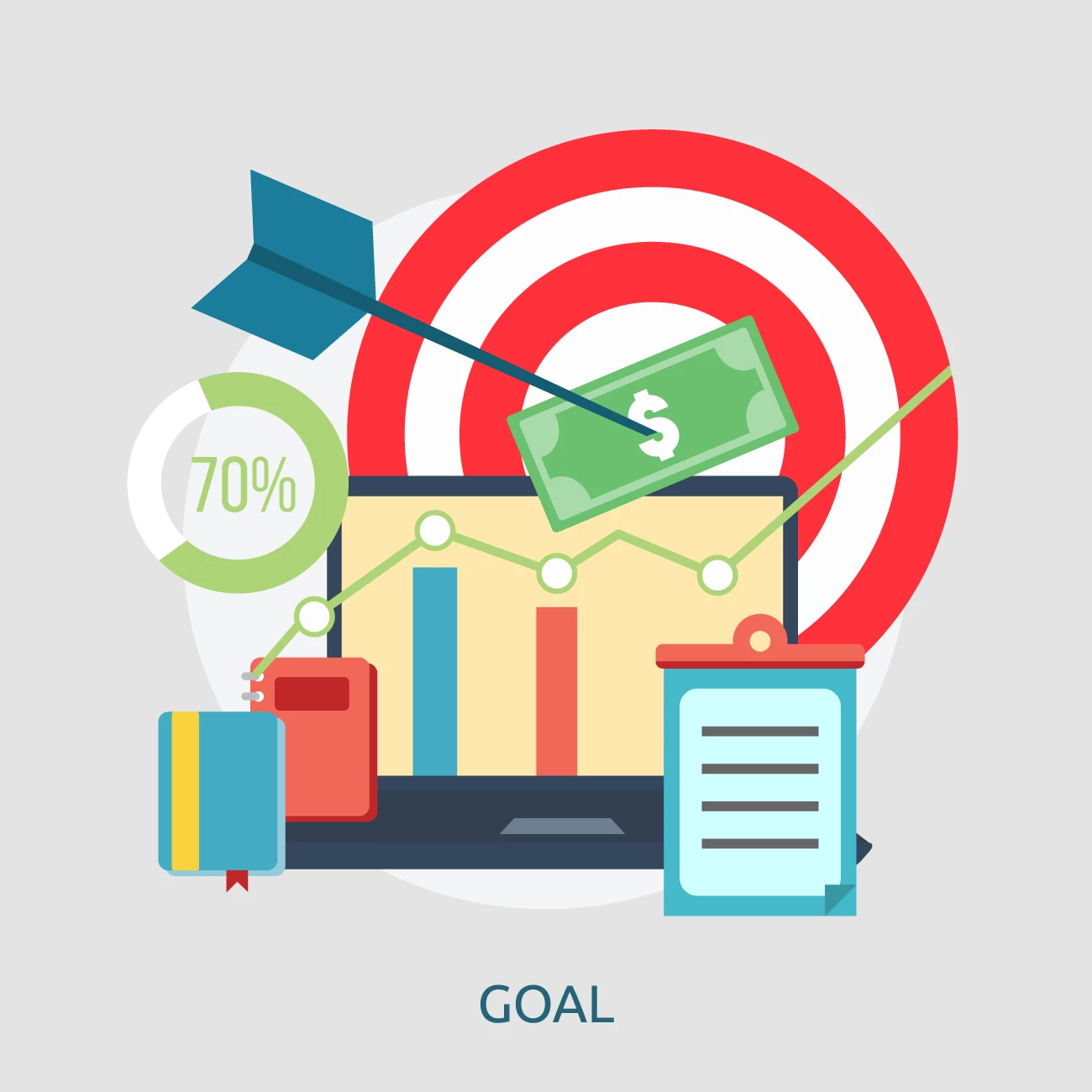 Business goal illustration with a target, arrow, laptop, growth charts, and dollar bill 