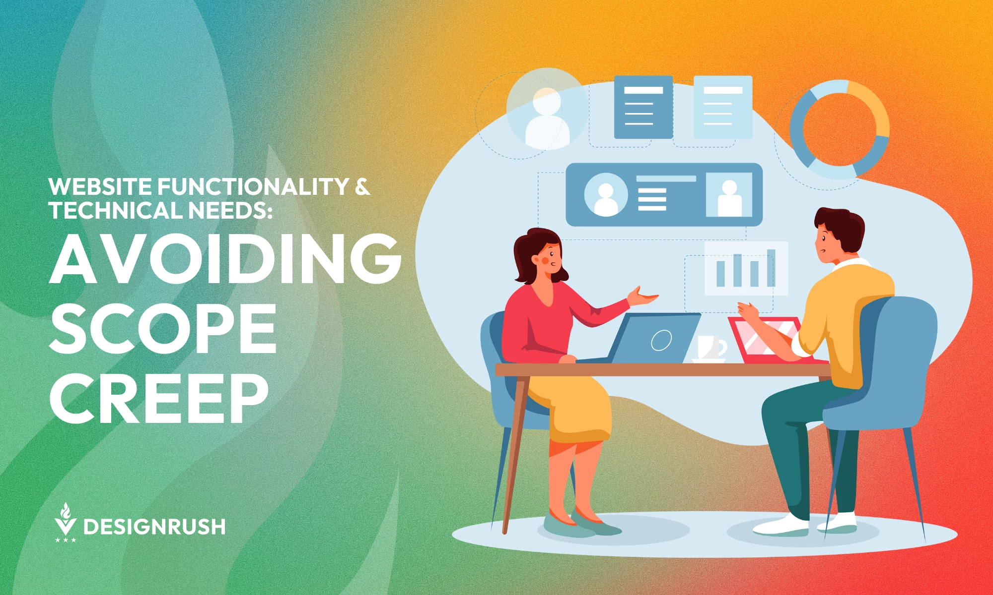 Flat illustration of an employee and a boss discussing website functionalities