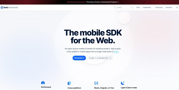 Ionic homepage; 