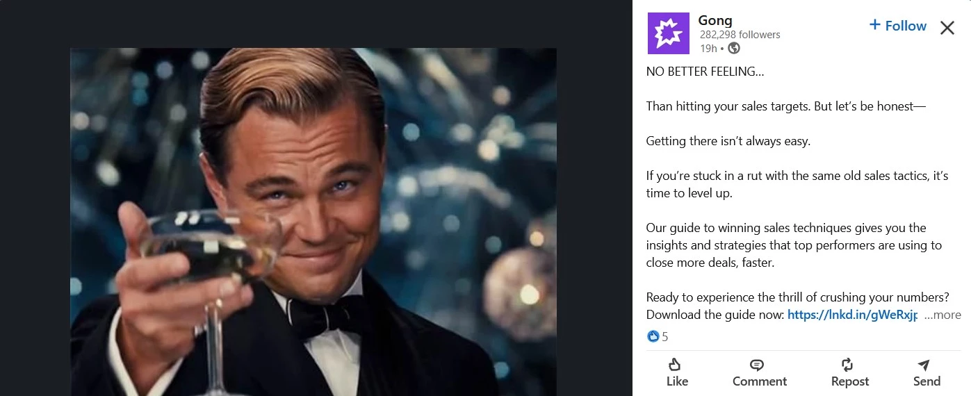 Gong using a meme post on LinkedIn