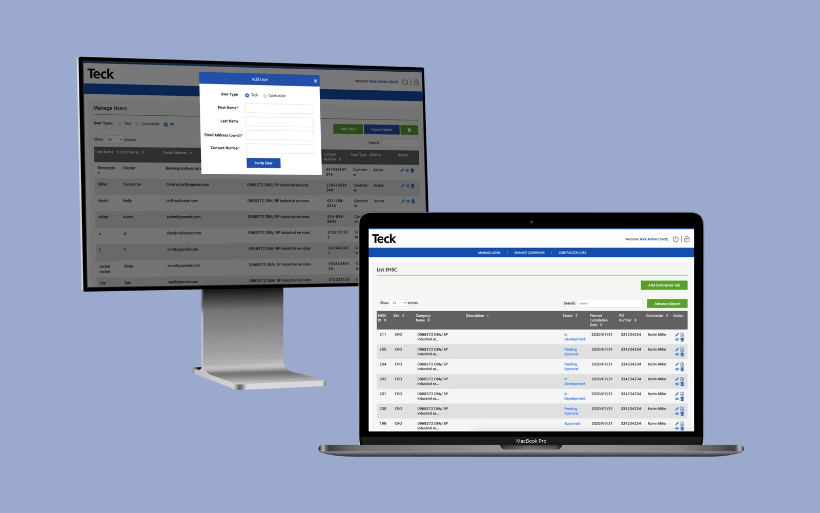 Teck’s user and contractor job management interface