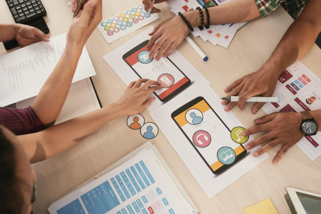 A social media management team in a meeting