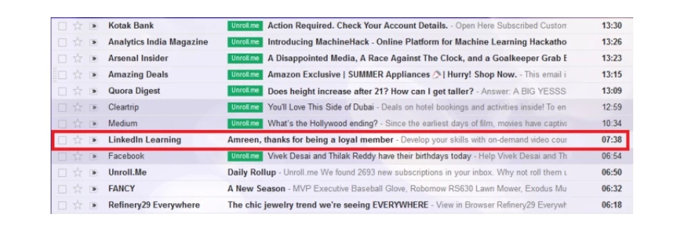 Email inbox with a highlighted message from LinkedIn Learning