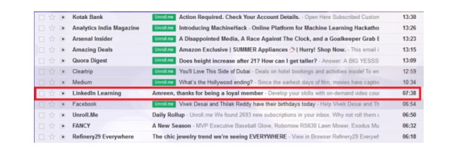 Email inbox with a highlighted message from LinkedIn Learning