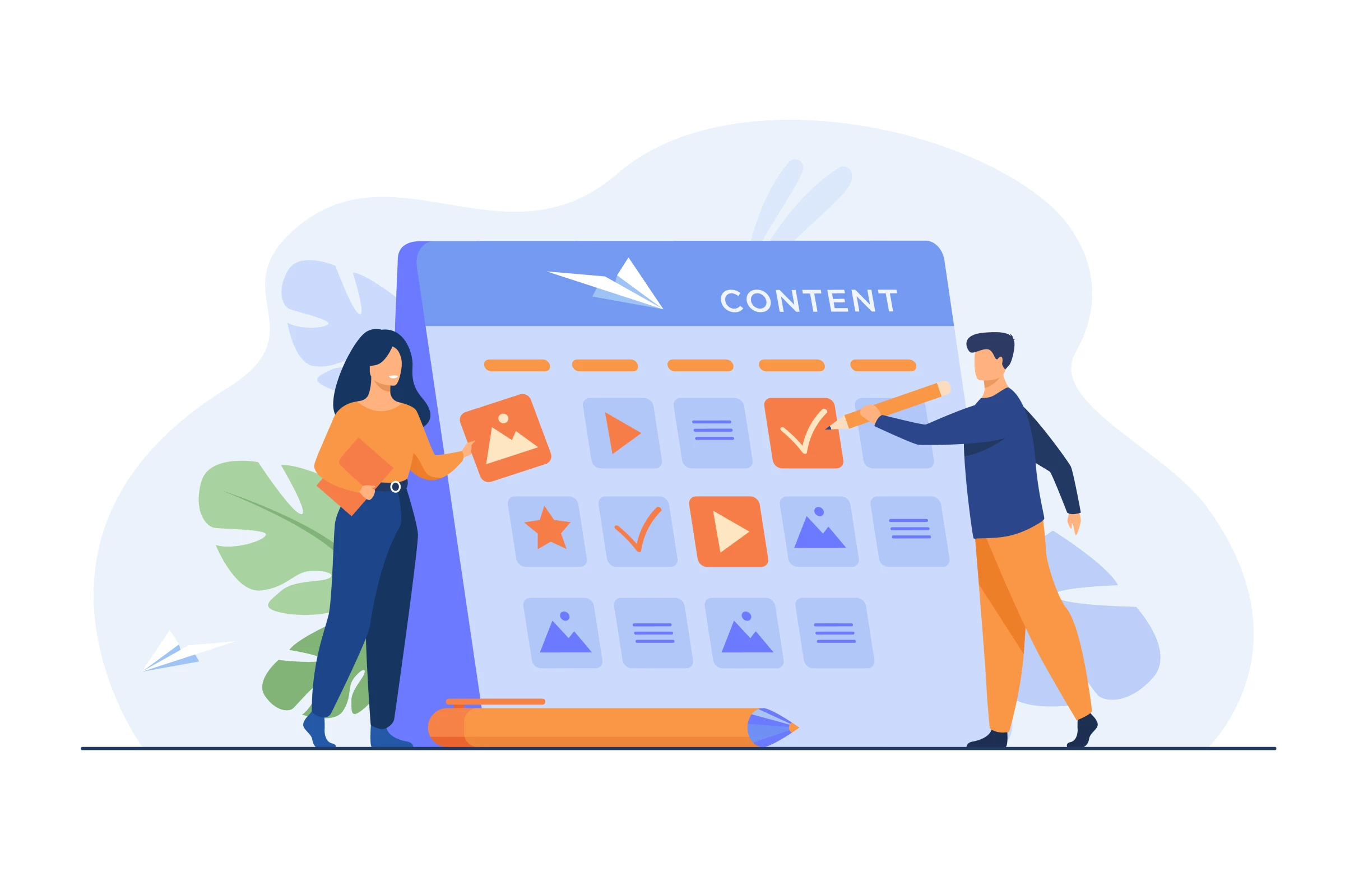 Two people fixing their content calendar