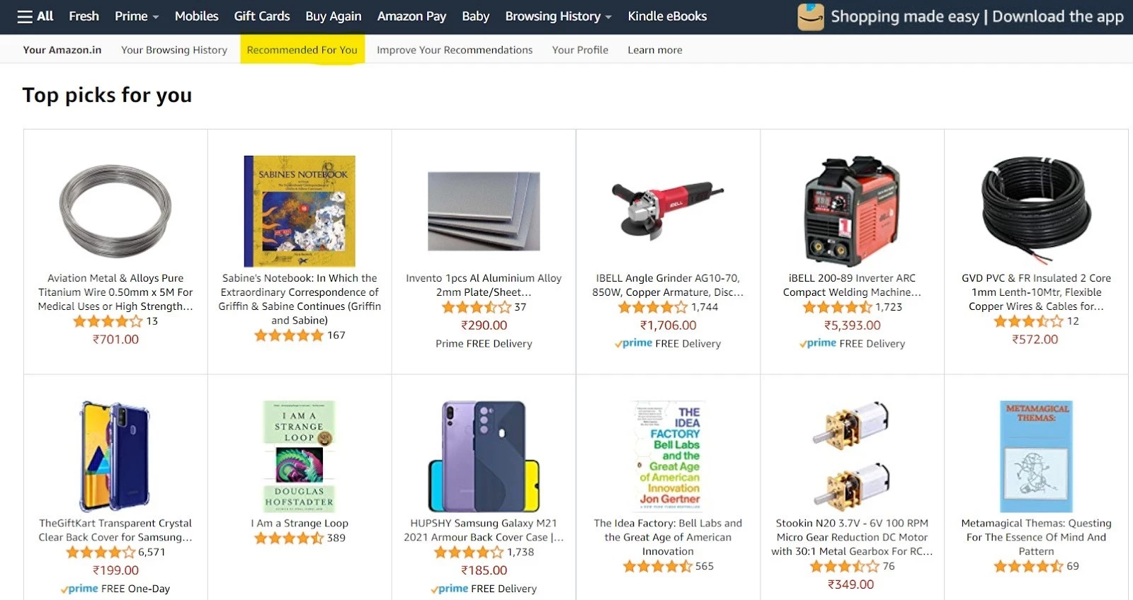 Amazon's personalized recommendations.