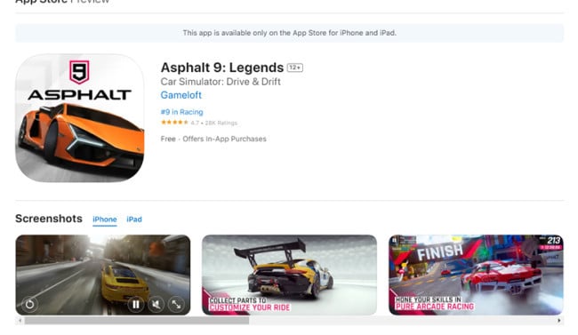 Asphalt 9’s App Store listing page
