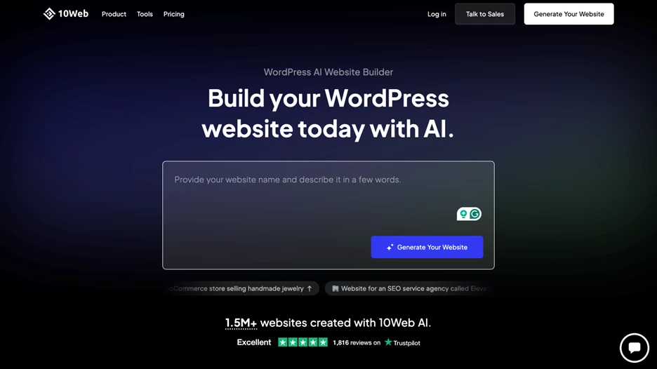 Screenshot of 10WebAI Builder homepage