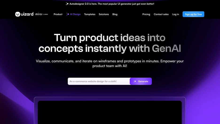 Screenshot of Uizard homepage