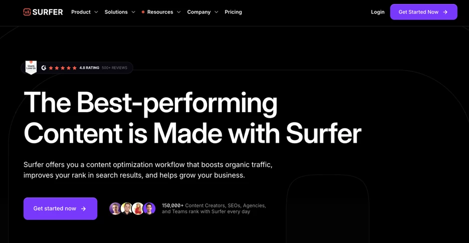 Screenshot of Surfer SEO homepage
