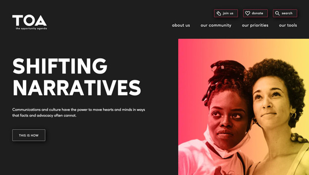 TOA dark themed website landing page