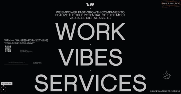 Wanted For Nothing dark themed website landing page