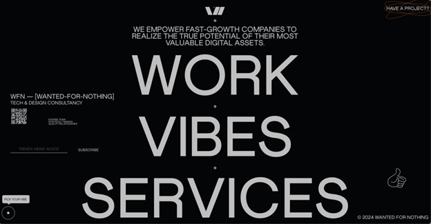 Wanted For Nothing dark themed website landing page