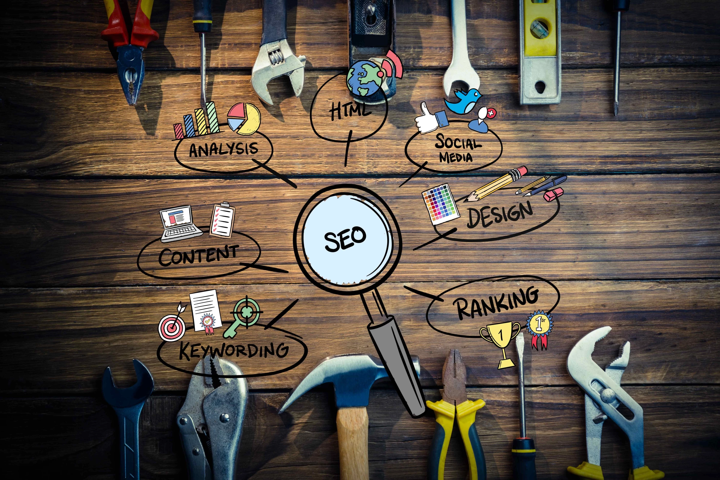 An overlay of tools on a table representing various SEO elements