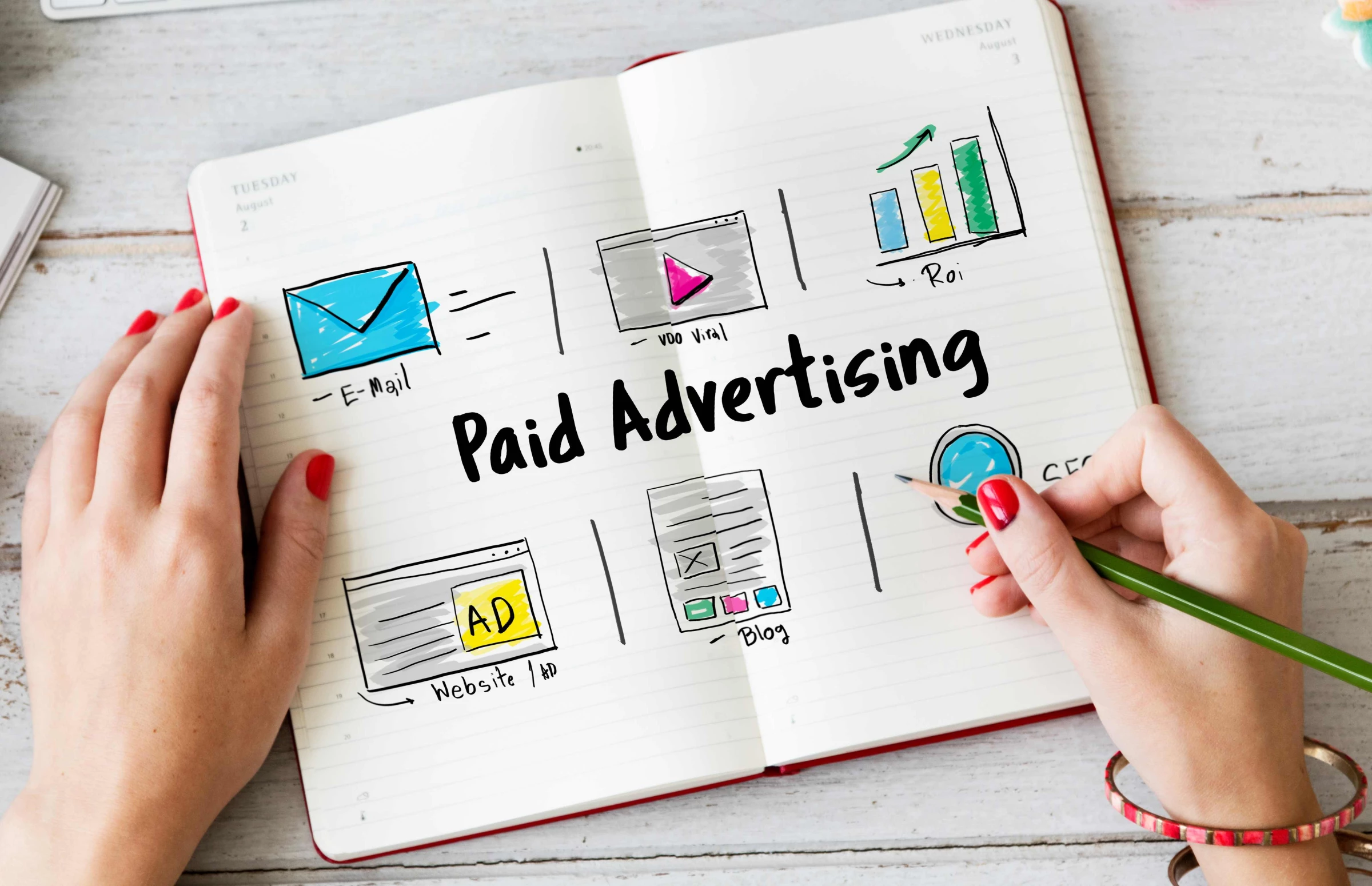 A woman writes Paid Advertising on a notebook