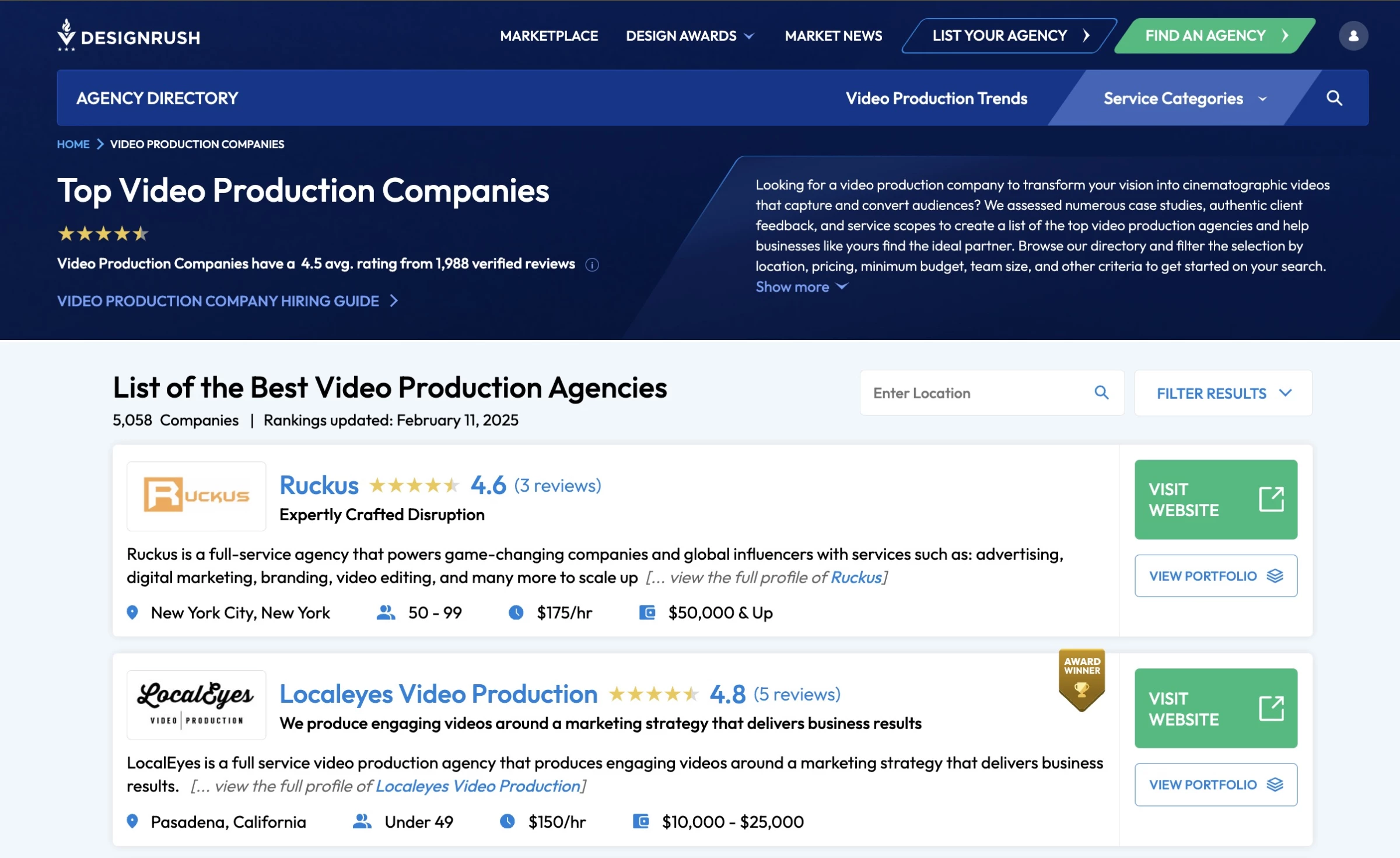 A screenshot of DesignRush’s video production agency listing