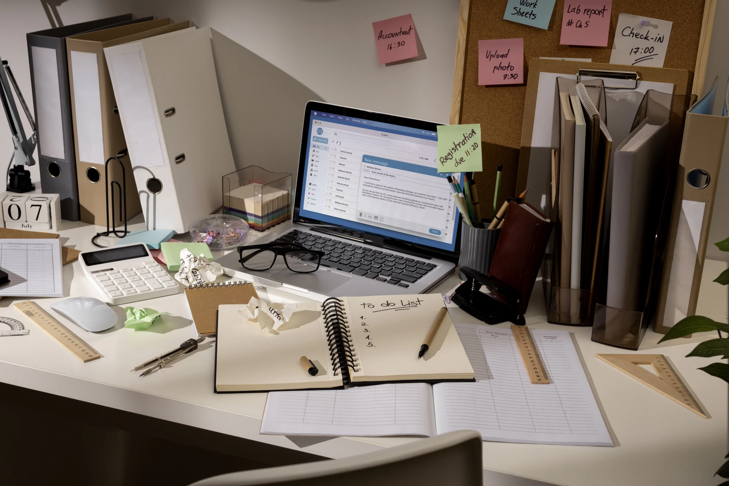 Cluttered workspace with messy notes, scattered files, and an overloaded to-do list.