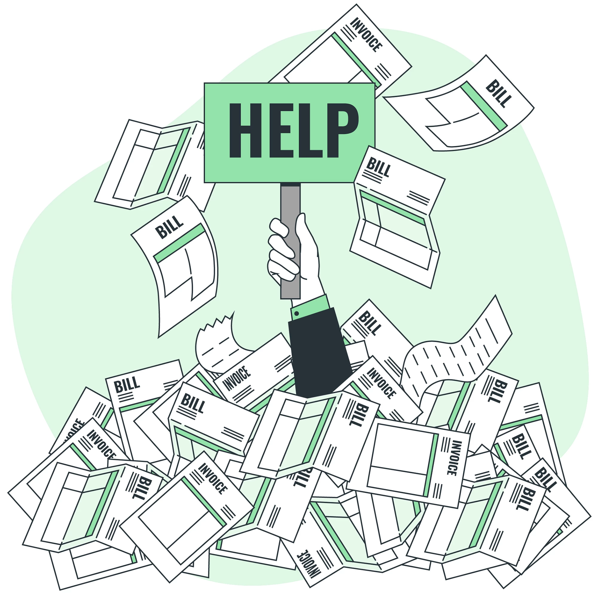 Hand holding 'HELP' sign amid piles of invoices, symbolizing rising costs.