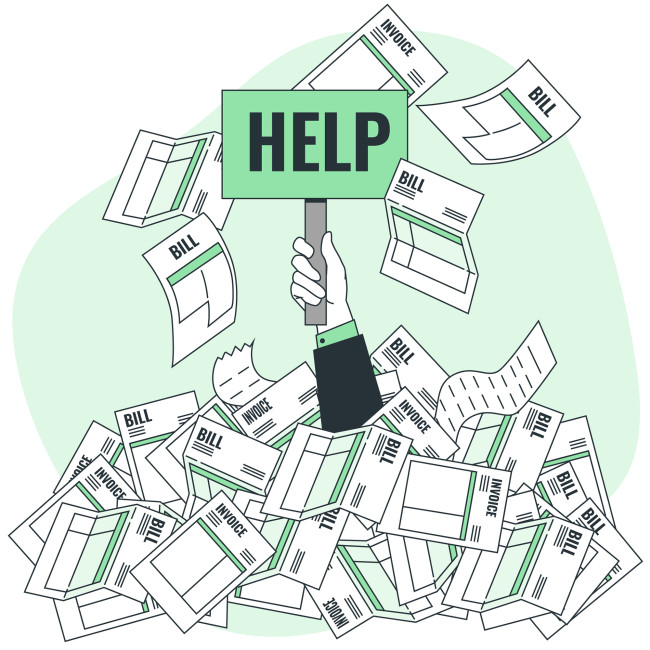 Hand holding 'HELP' sign amid piles of invoices, symbolizing rising costs.