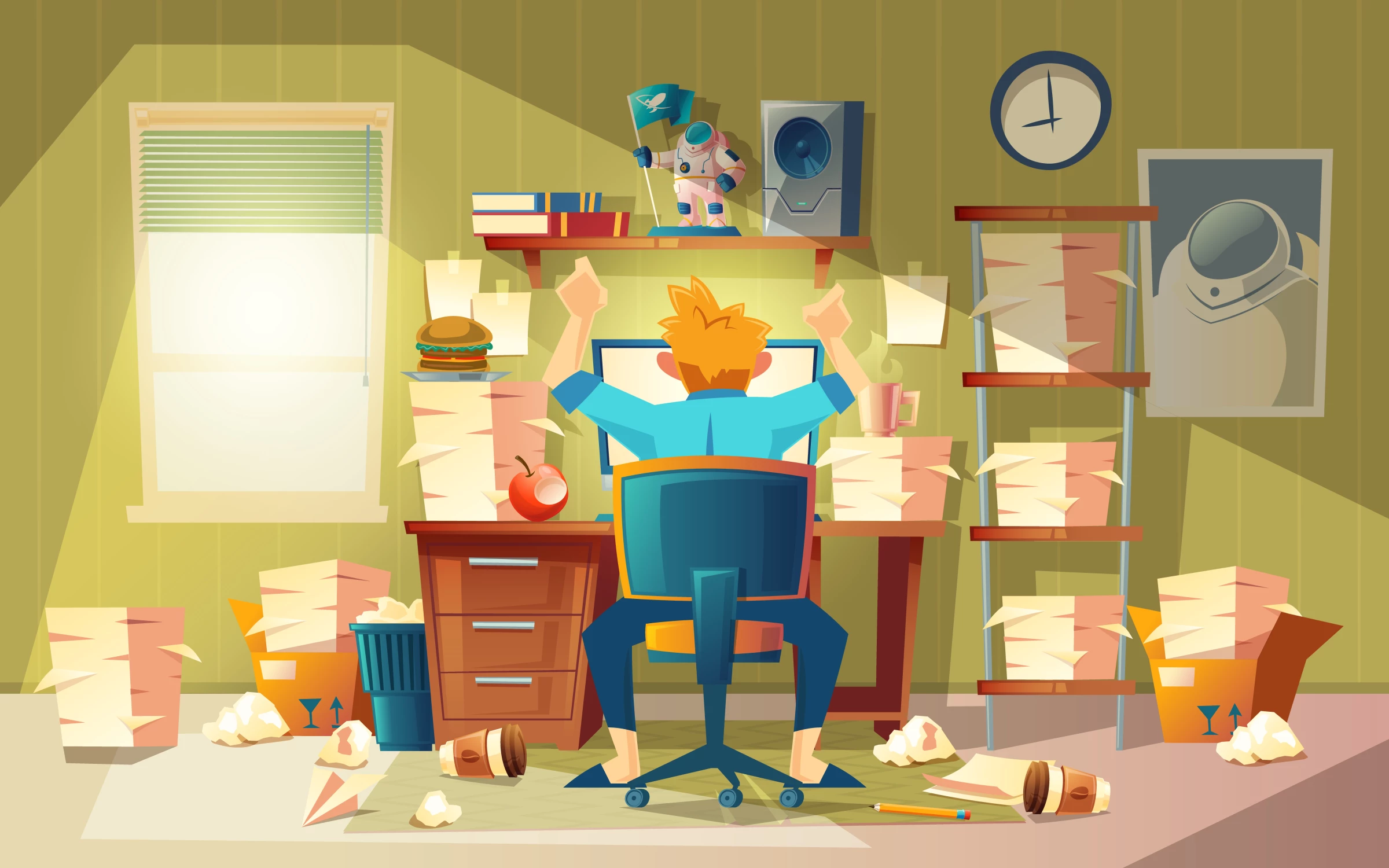 Overwhelmed employee at cluttered desk, buried in paperwork.