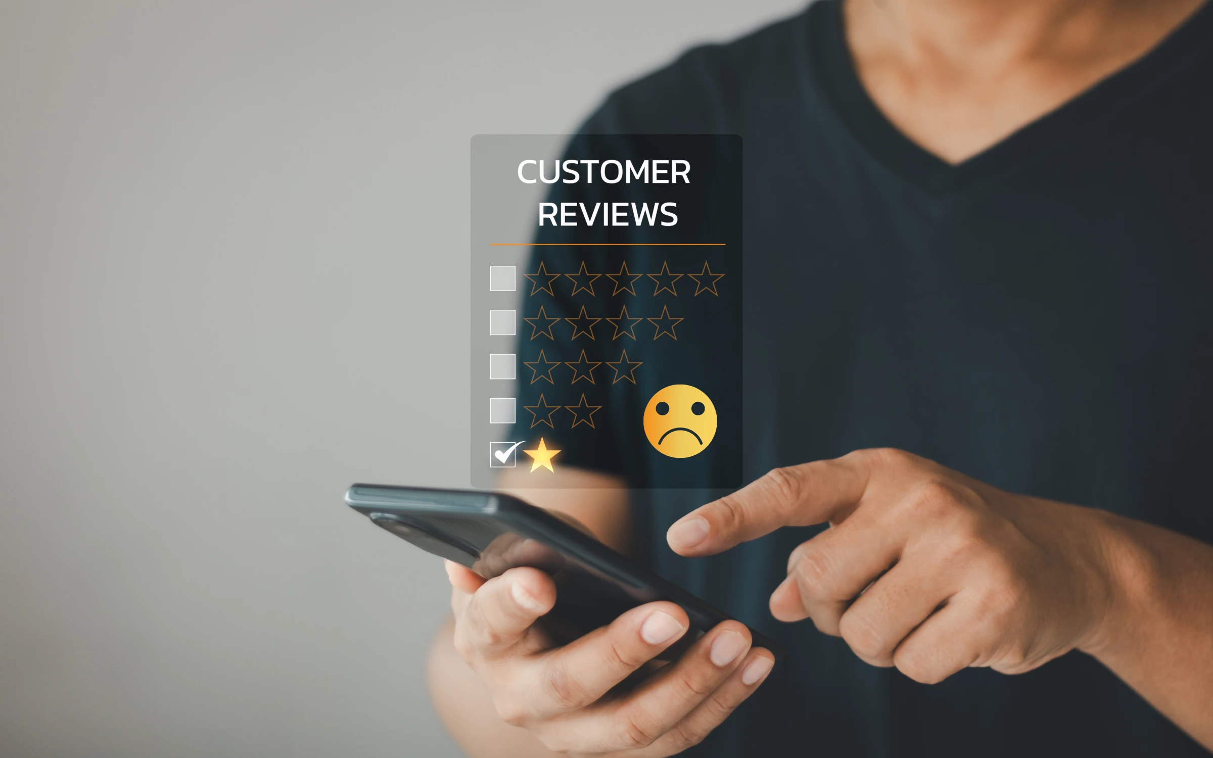 Customer leaving a 1-star review on a smartphone.