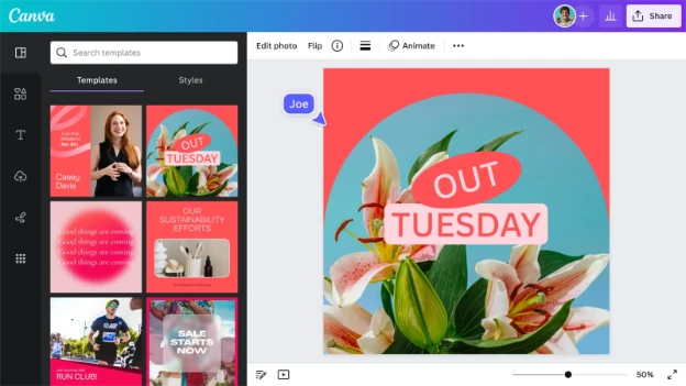 Screenshot of Canva's work canvas with a sample social media design mock-up