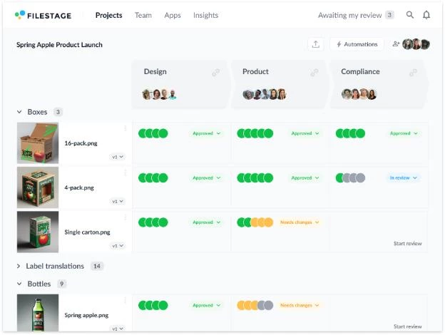 Screenshot of Filestage's project tab showcasing how various projects are organized