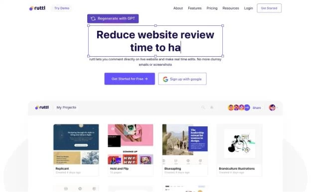 Screenshot of Ruttl's landing page