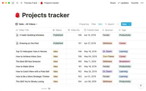 Screenshot of Notion project tracker interface with color-coded tagging