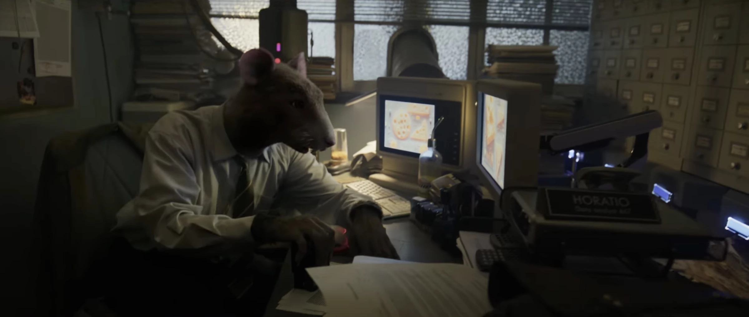 Horatio working, waiting for the day to end.