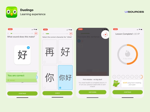 Duolingo app showing animated feedback and progress after a completed language exercise.