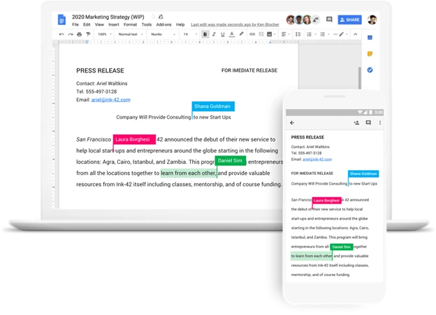Mockup image of Google Docs showing multiple collaborations on a document.