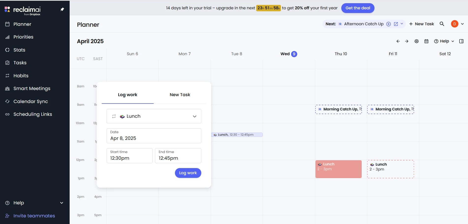 Reclaim.ai calendar.