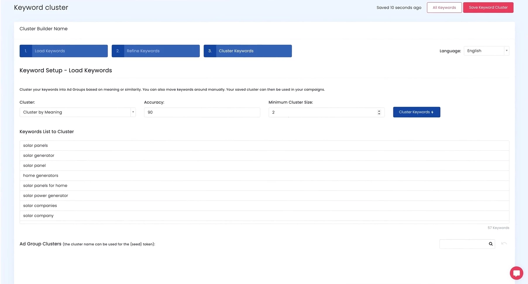Setting keyword groups in Ad Alchemy.