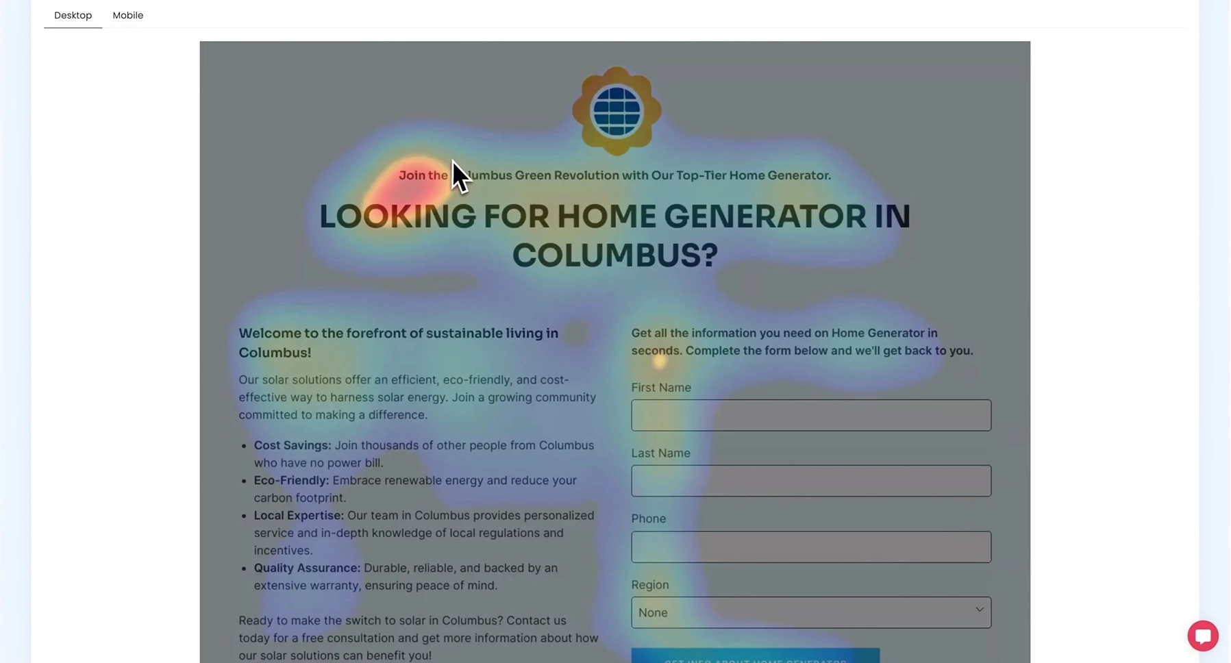 Heatmap tool on Ad Alchemy's landing page analyzer. 