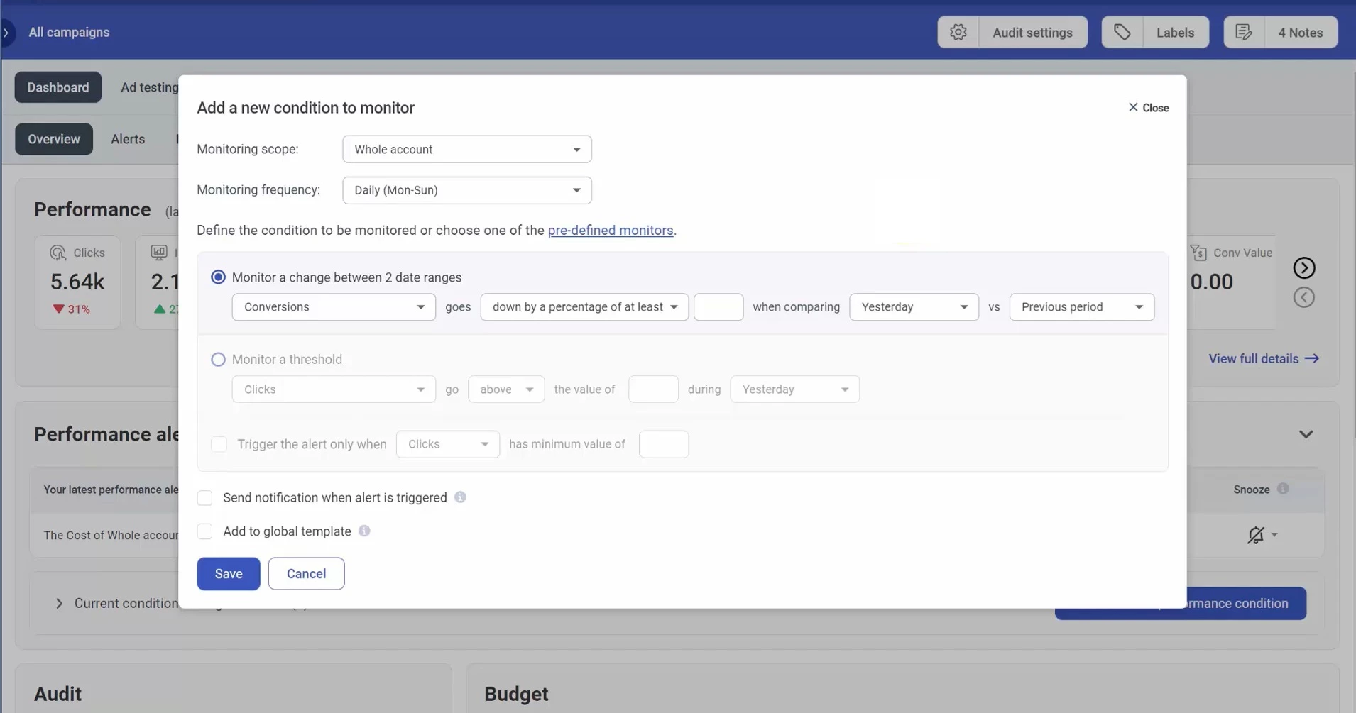Setting up condition to monitor on Adalysis.