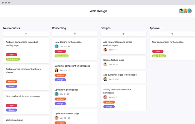 Example of Asana web design project management template