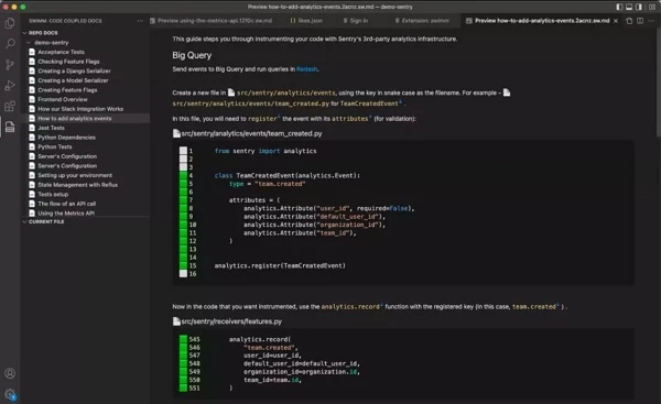 Interface of the Swimm tool