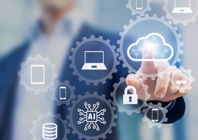 SaaS-powered-workplace A businessman storing data in the cloud
