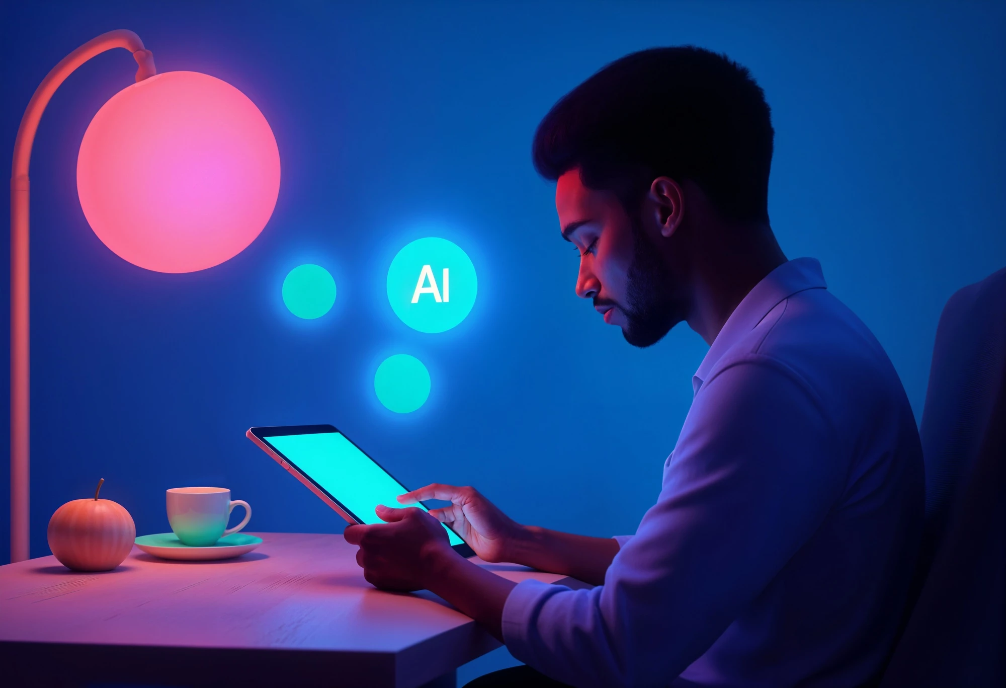 Person using AI tools on tablet in a creative workspace.