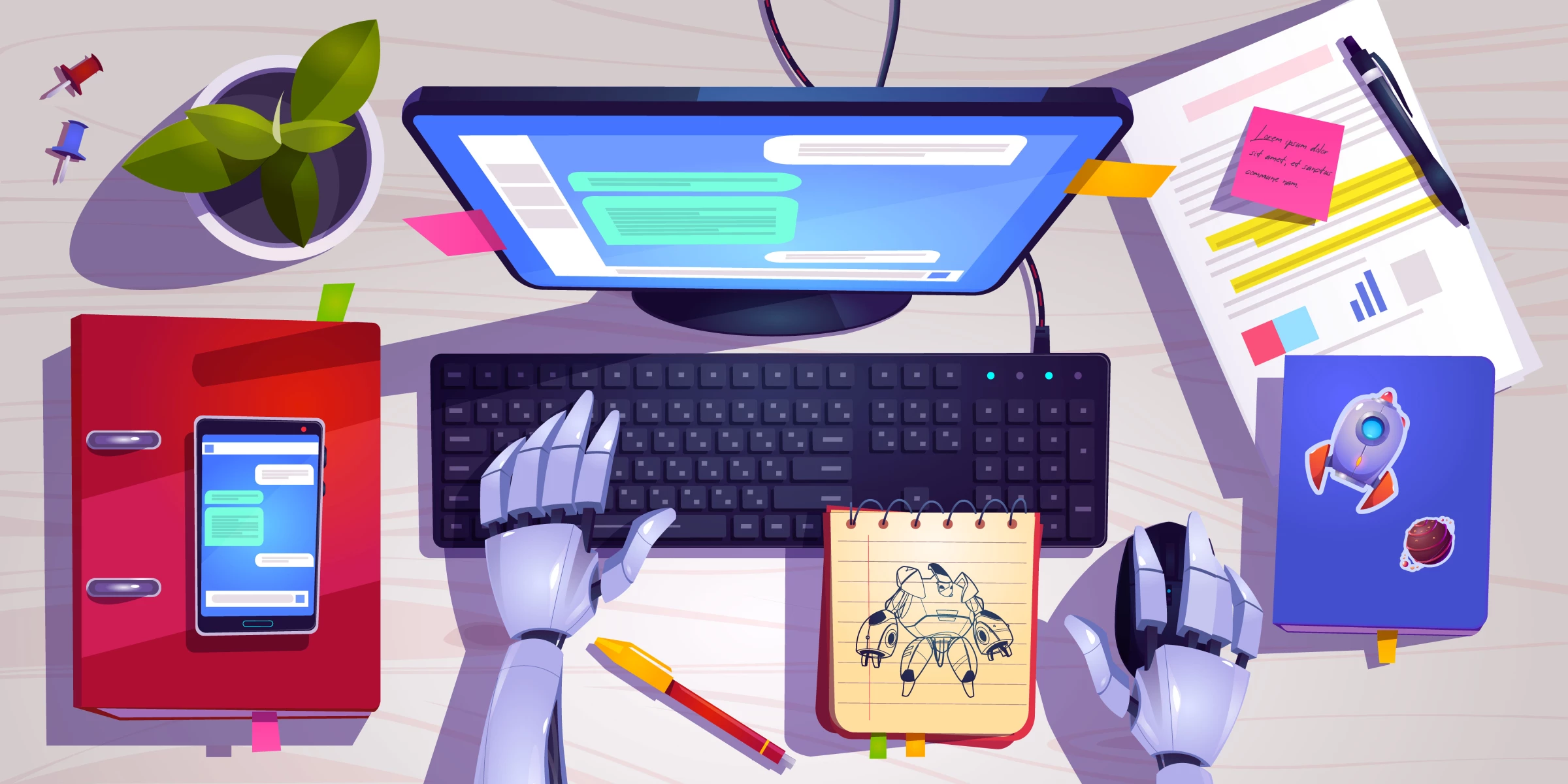 Digital workspace with AI tools assisting in brand messaging and content creation.