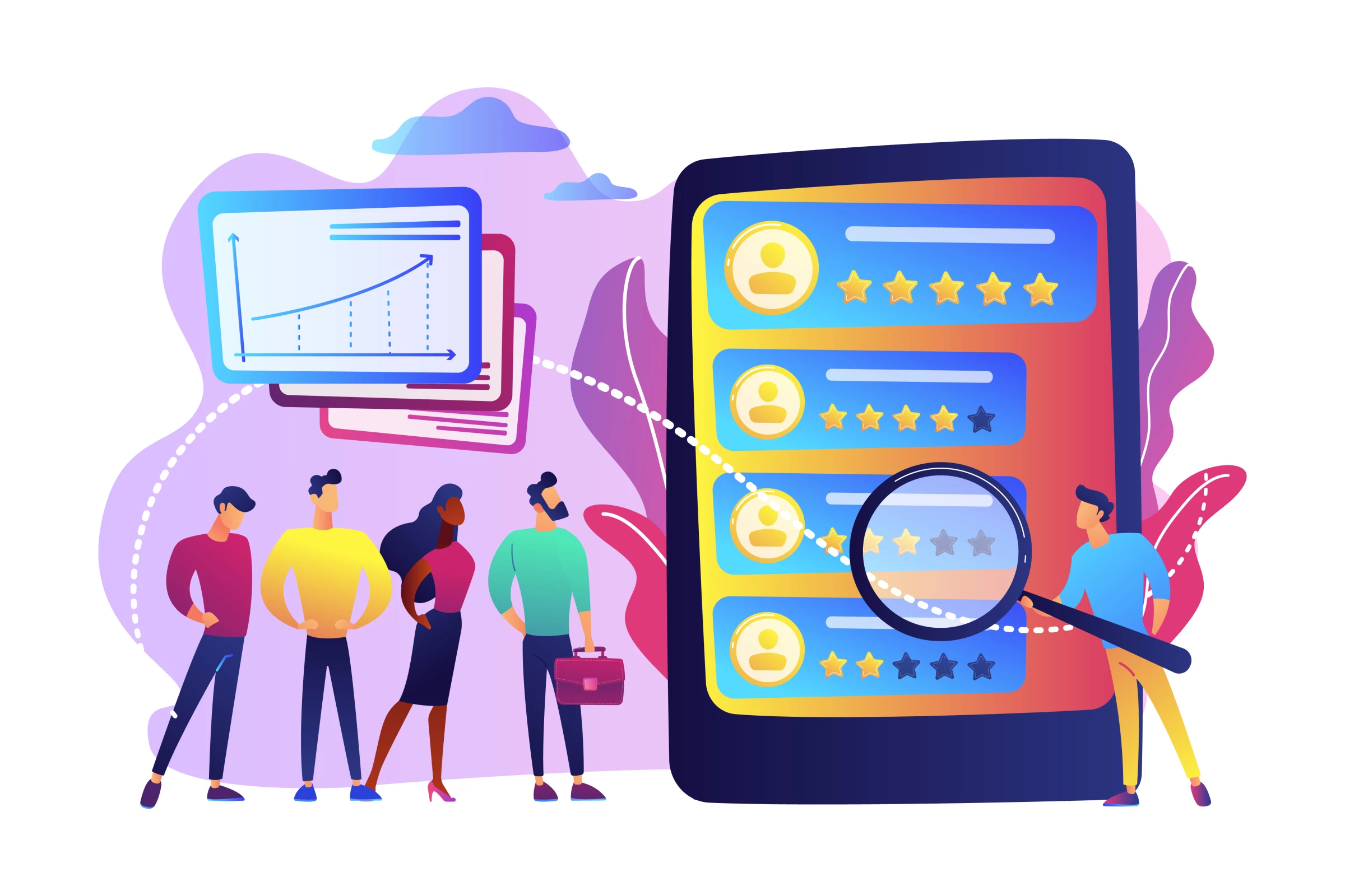 Illustration of brand feedback and performance analysis with user ratings and data charts.