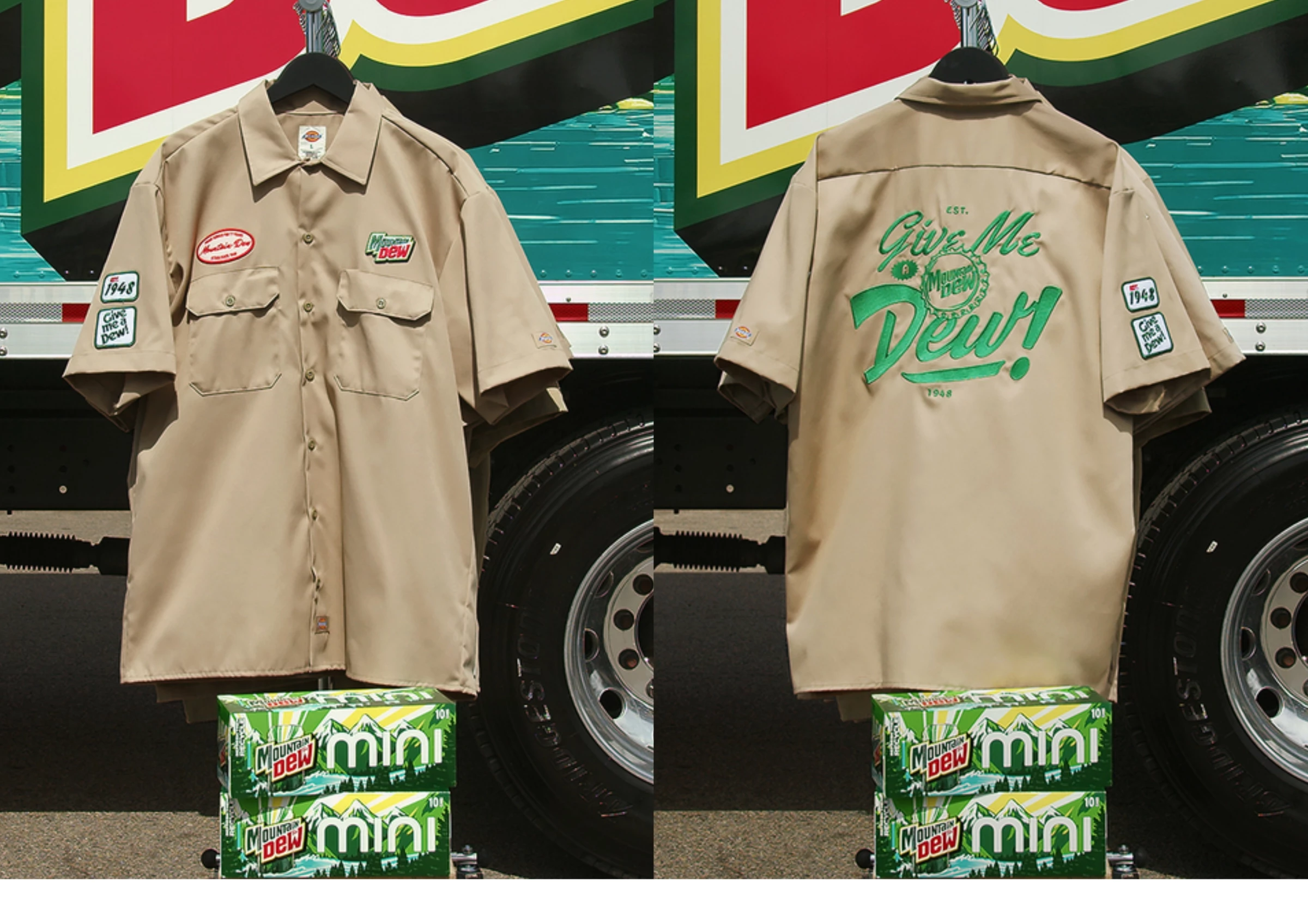 The front and back designs of the Dickies x Mountain Dew shirt.
